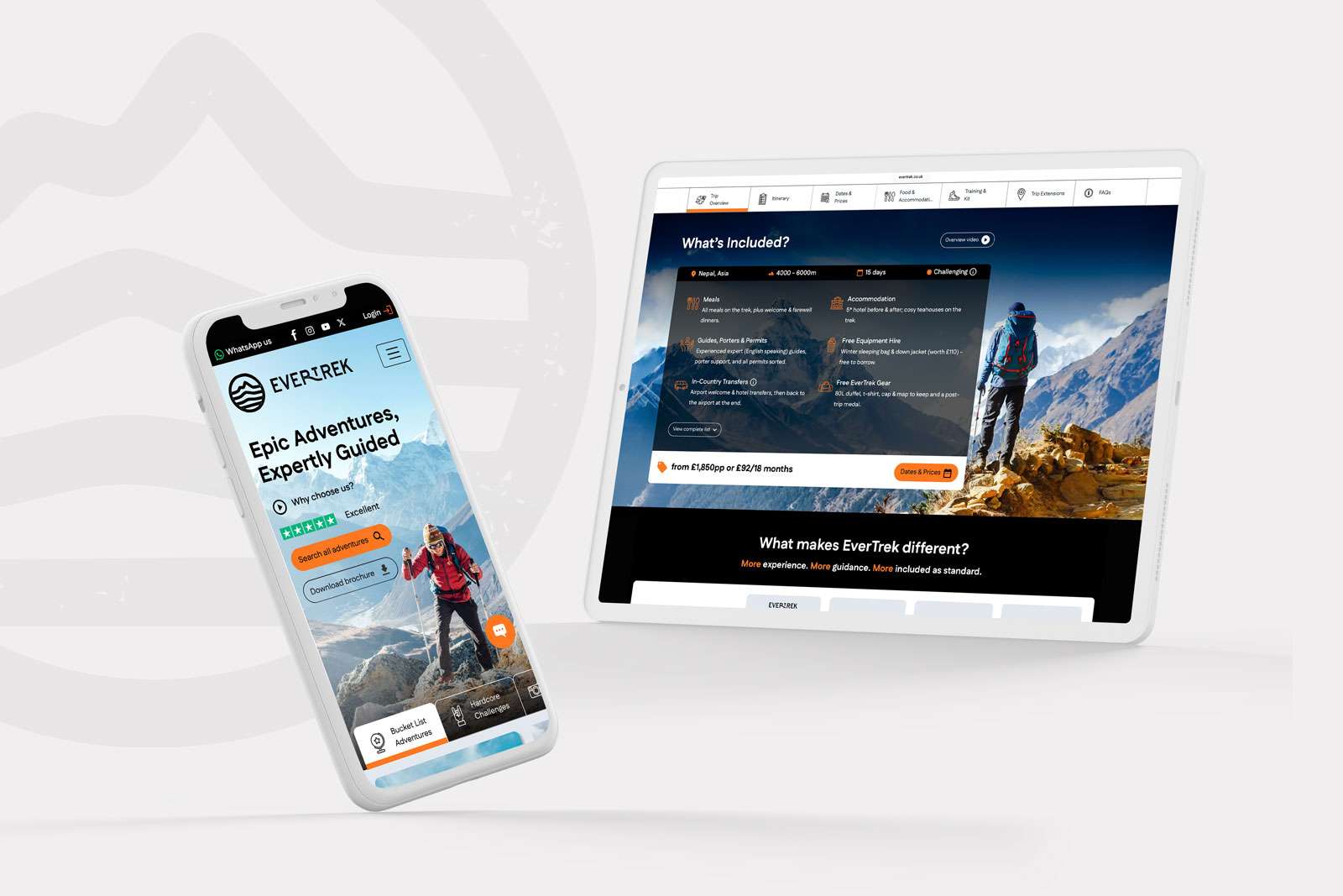 Examples of the EverTrek website shown on a mobile and tablet device demonstrating the responsive, mobile-first designs created by Yellow Cat Design.
