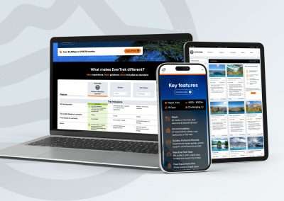 Examples of the EverTrek website on desktop, tablet, and mobile. Responsive UX & UI Design by Yellow Cat Design.