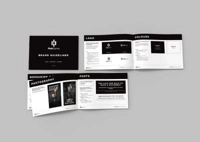 Pages from the Hub Gyms Brand Guidelines including logo, colours, font's, and image styles.