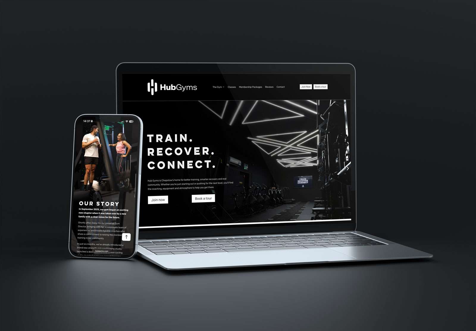 Examples of the Hub Gyms Website shown on an iPhone and MacBook, demonstrating responsive web design and development by Yellow Cat Design.