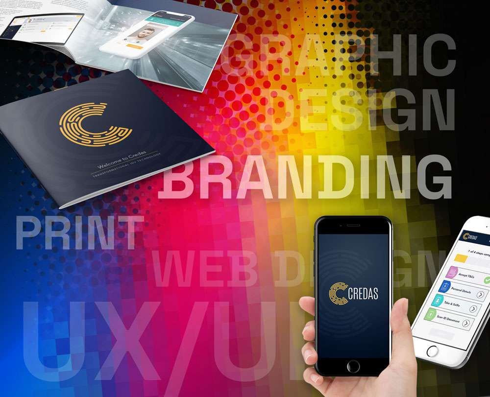 Print-to-Digital An image depicting a printed brochure in the top left and mobile app bottom right, both using the same brand. The background starts as a CMYK ink pattern top left and morphs into a pixelated version, showing the transition from print design to web and UX/UI design.